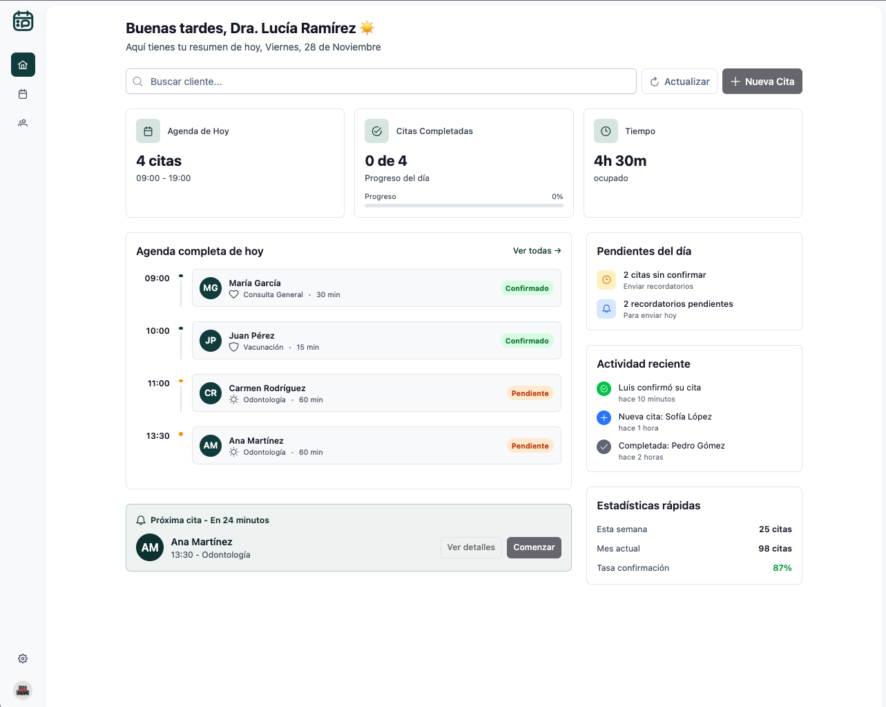 Dashboard de Wabook mostrando calendario de reservas y citas